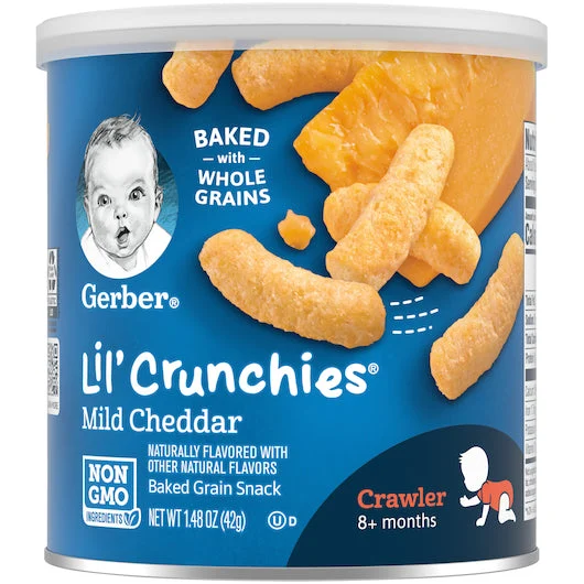 Gerber Lil' Crunchies Mild Cheddar Baked Grain Snack Baby Food 1.48 Ounce Size - 6 Per Case.