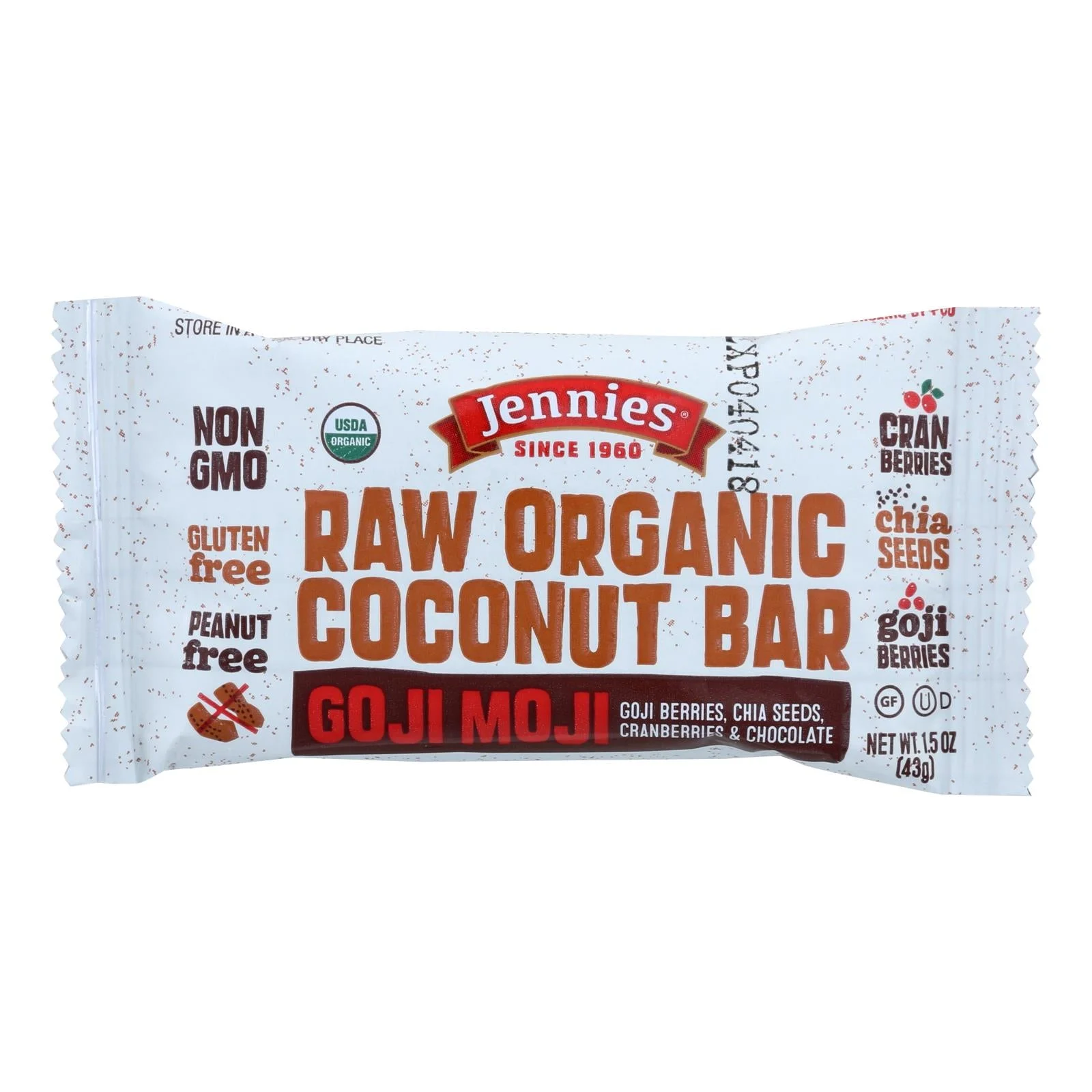 Jennie's Organic Goji Moji Raw Coconut Bar - Case of 12 - 1.5 Ounce.