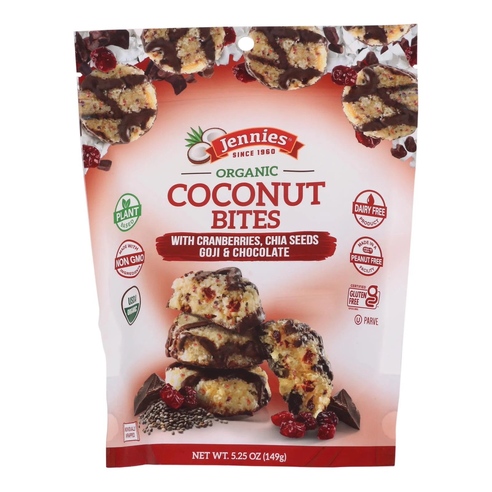 Jennies Coconut Bites - Organic - Cranberry Goji - Case of 6 - 5.25 Ounce