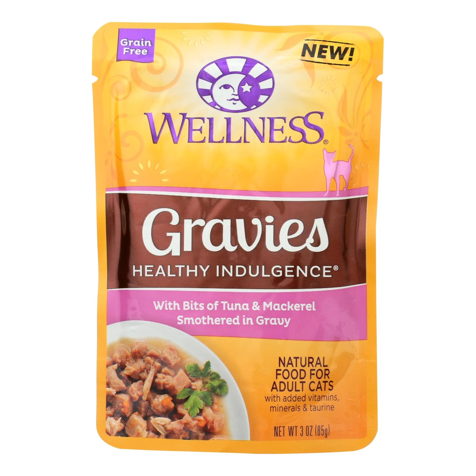Wellness Pet Products Cat Food - Gravies with Bits of Tuna and Mackerel Smothered In Gravy - Case of 24 - 3 Ounce.