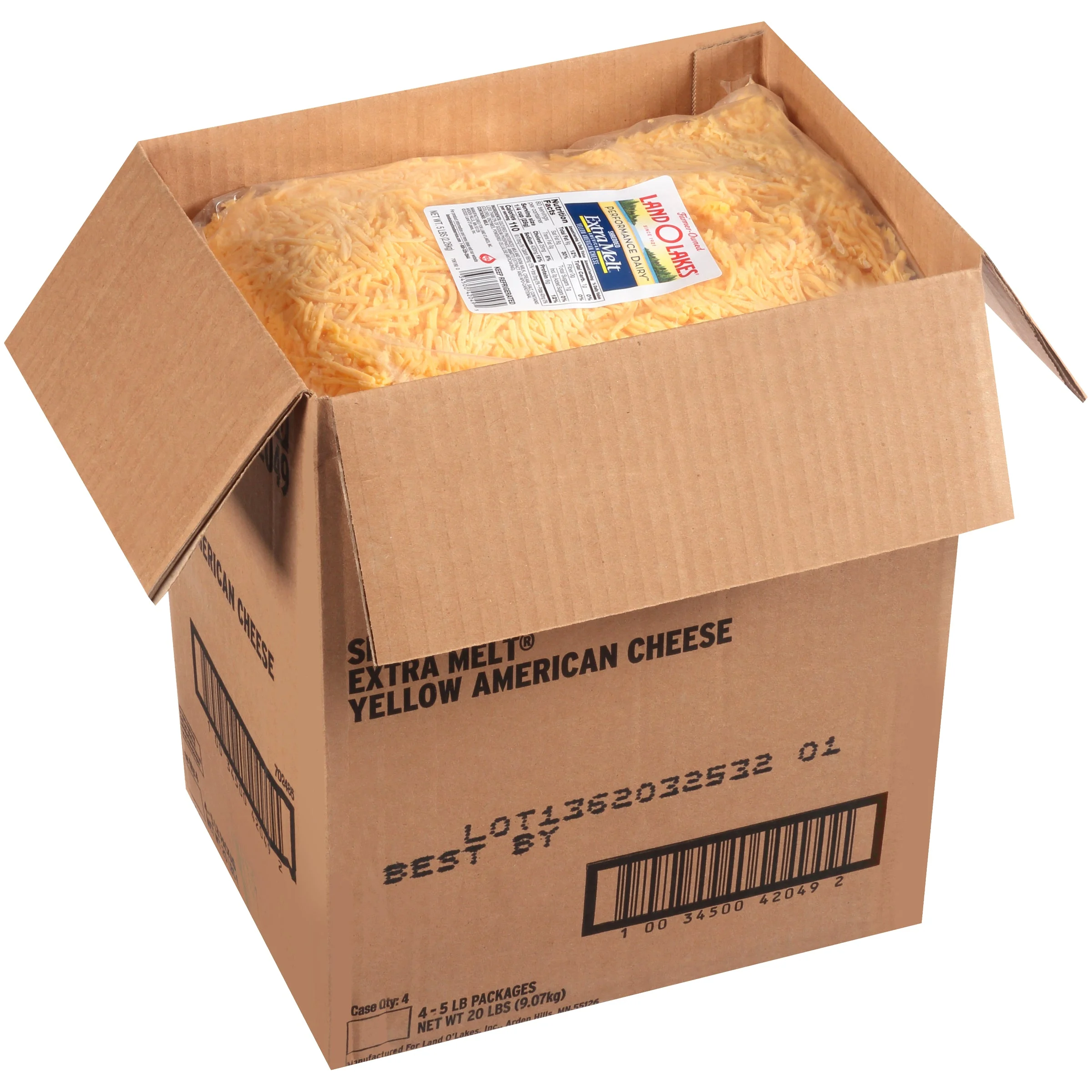 Land-O-Lakes Extra Melt Shredded American Cheese Yellow 5 Pound Each - 4 Per Case.