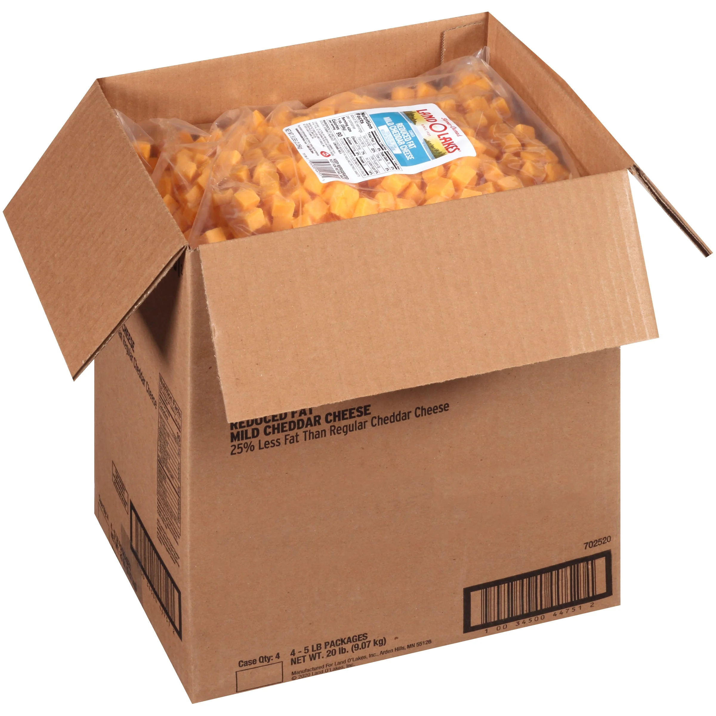 Land-O-Lakes Reduced Fat Mild Cheddar Cheese Cubes 5 Pound Each - 4 Per Case.