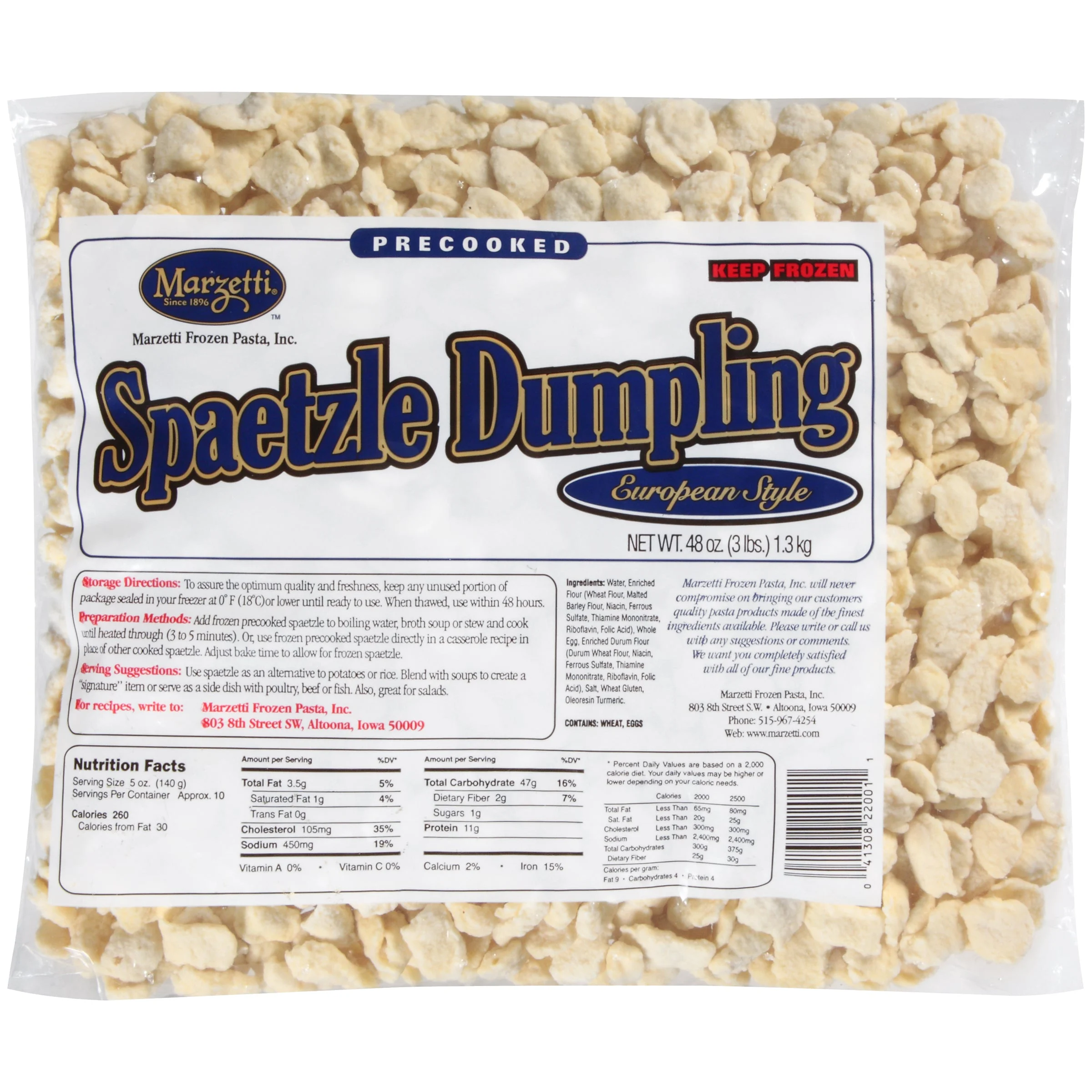 Marzetti Frozen Pasta Individual Quick Frozen Precooked Spaetzle Dumplings 3 Pound Each - 4 Per Case.