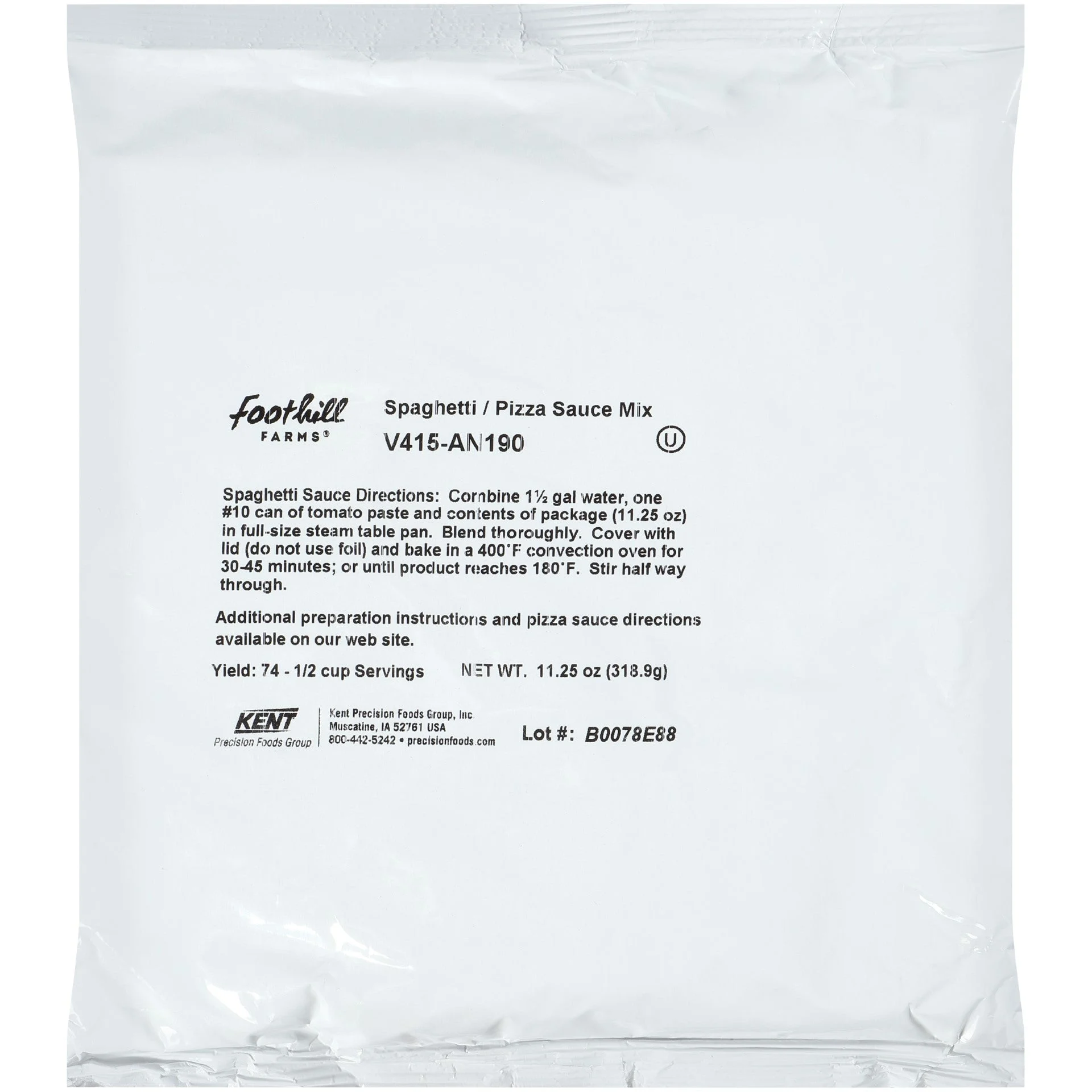 Foothill Farms Spaghettipizza Sauce Mix Reduced Sodium 11.25 Ounce Size - 6 Per Case.