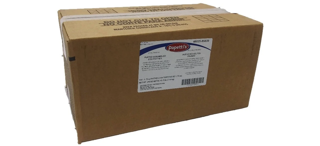 Papetti's Fully Cooked Natural Shaped Scrambled Egg Patties 1.75 Ounce Size - 144 Per Case.