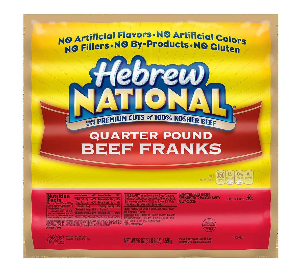 Hebrew National Quarter Franks 56 Ounce Size - 10 Per Case.