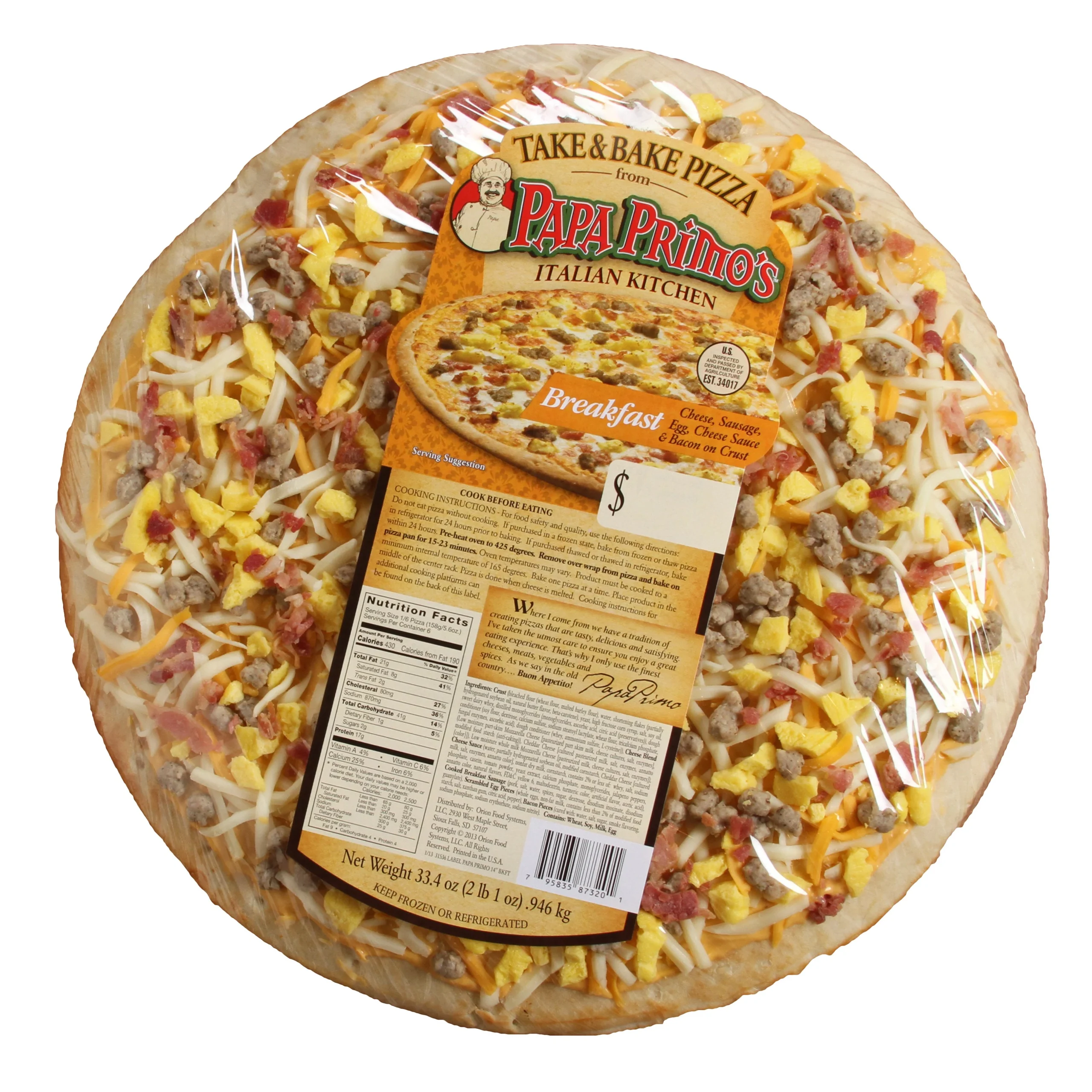 Papa Primo's Large Breakfast Pizza 33.4 Ounce Size - 6 Per Case.