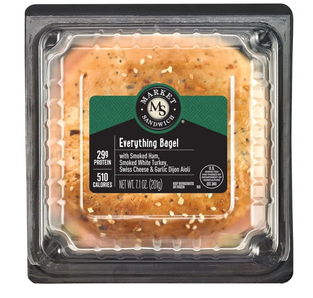 Market Sandwich Everything Bagel, Ham, Turkey, Swiss Cheese, And Garlic Dijohn Aioli Sandwich 7.1 Ounce Size - 8 Per Case.