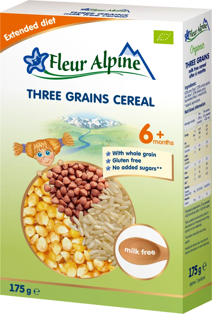 FLEUR ALPINE Organic Three Grains Cereal, No Milk 175g/6pack