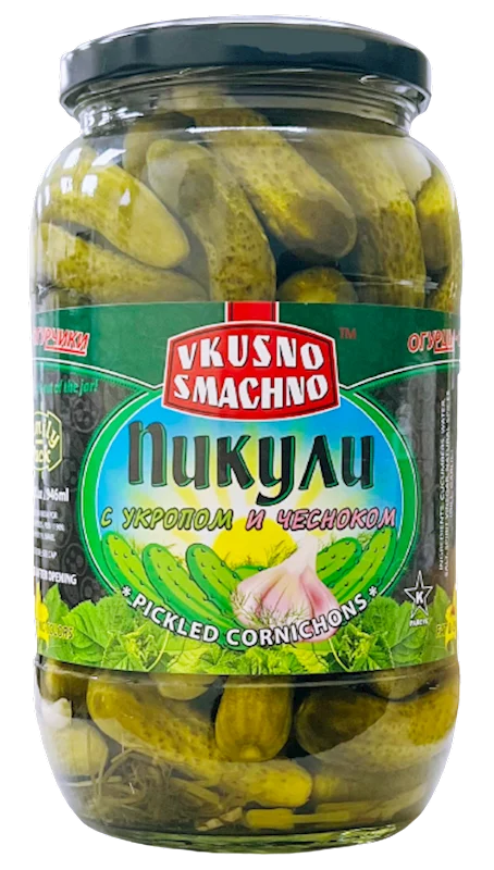 VKUSNO SMACHNO Marinated Cornichons with Garlic & Dill 946ml/12pack