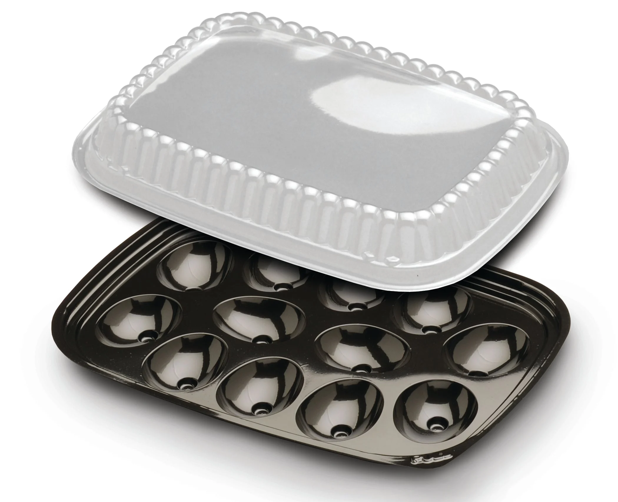 Quikpak 10.2" X 7.4" Black Pet 12-Comp. Egg Container W/Scalloped Dome Lid