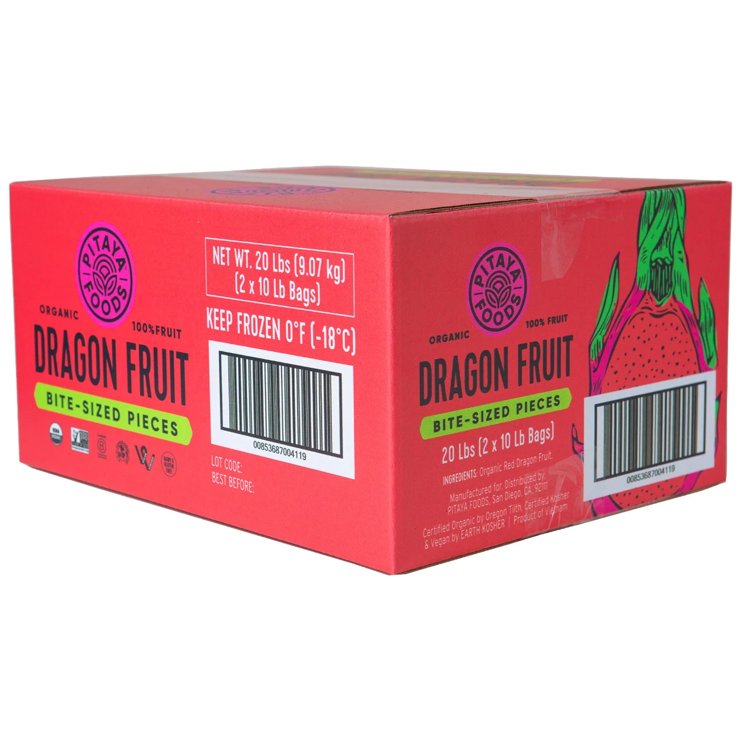 Pitaya Plus Organic Dragon Fruit Individual Quick Frozen Bulk 20 Pound Each - 1 Per Case.