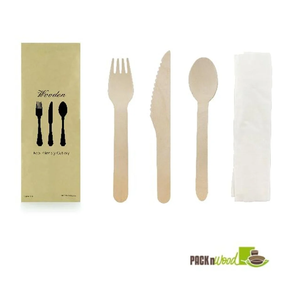 Cutlery Kits, Fork/Knife/Spoon, Wooden, with Napkin & Wrapped in Kraft Paper,5 - 50 COUNT