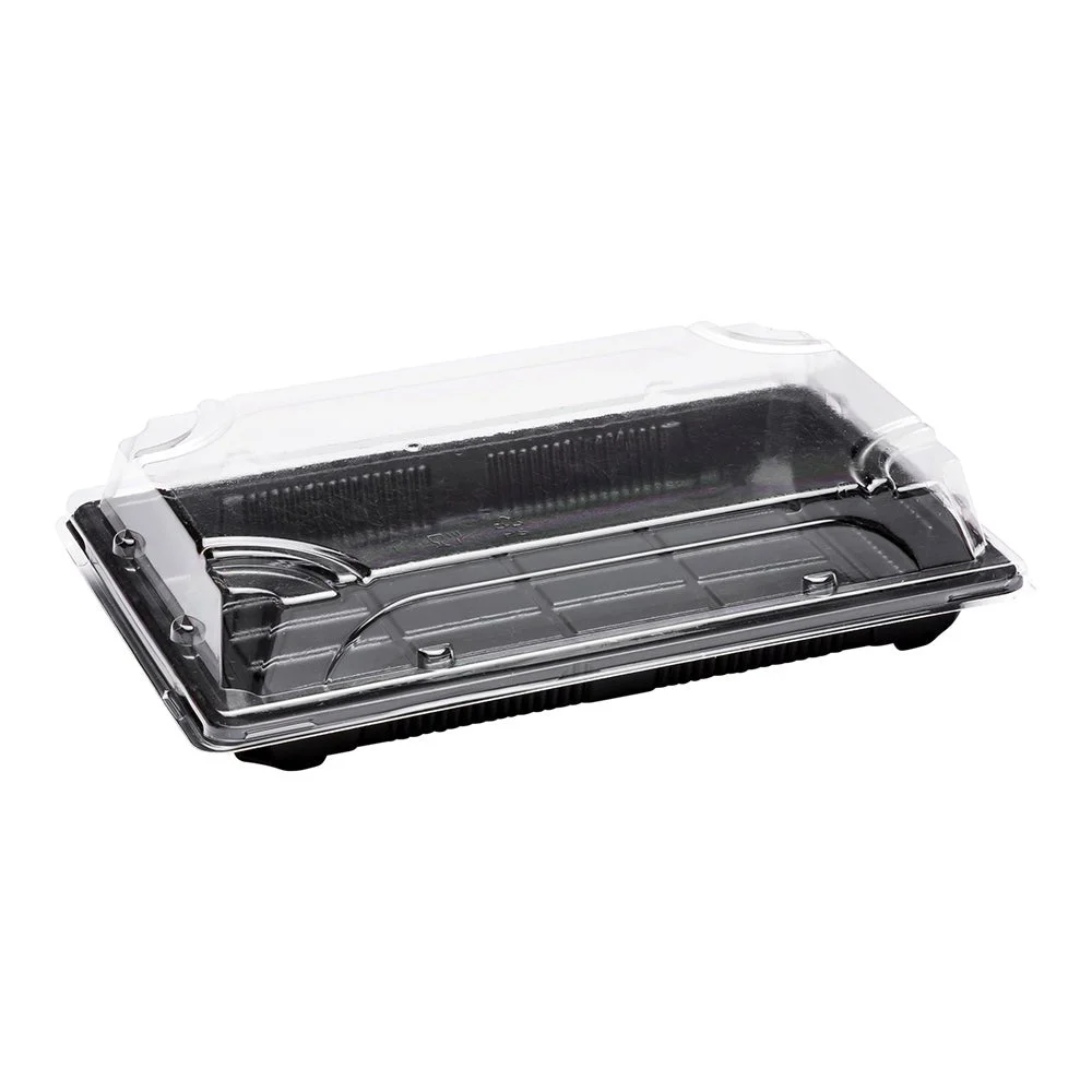Trays, Take Out, Roku 8.75 x 5.5 x 2 Inch, Plastic, Black, Rectangular, with Clear Lid,1 - 100 COUNT