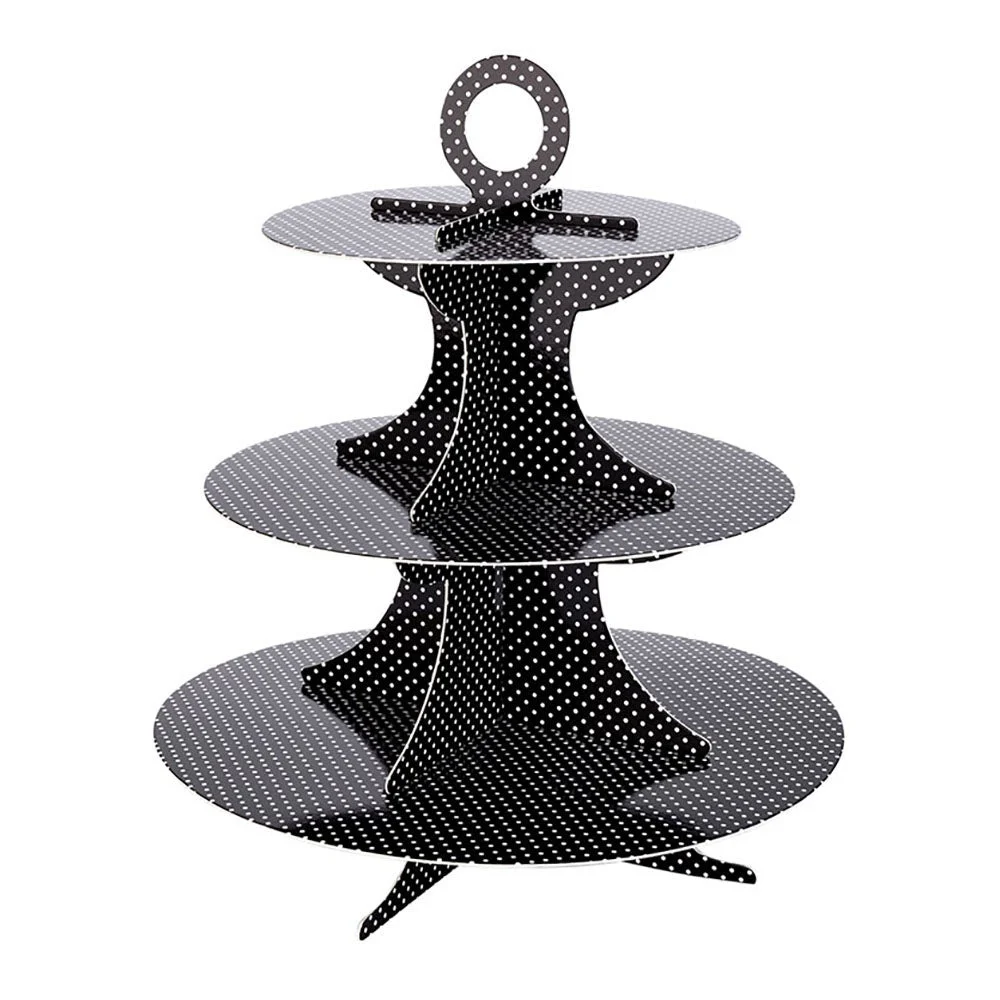 Stand, Cupcake, 3-Tier, Cardboard, Black with White Polka Dots, 13.5 x 13.5 x 14 Inch,1 - 1 EACH