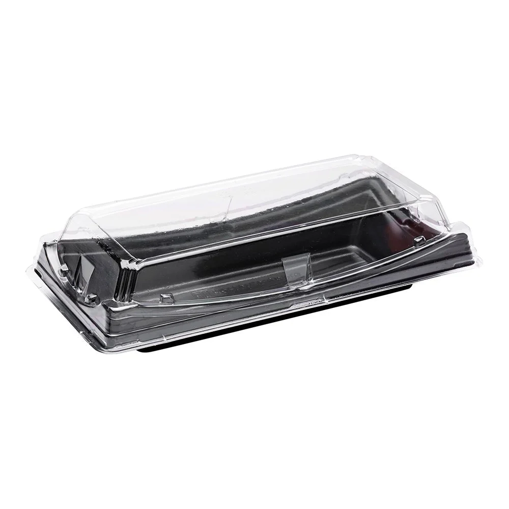 Containers, Take Out, Roku 9.75 x 4.75 x 2 Inch, Plastic, Black, Rectangular, with Clear Lid,1 - 100 COUNT