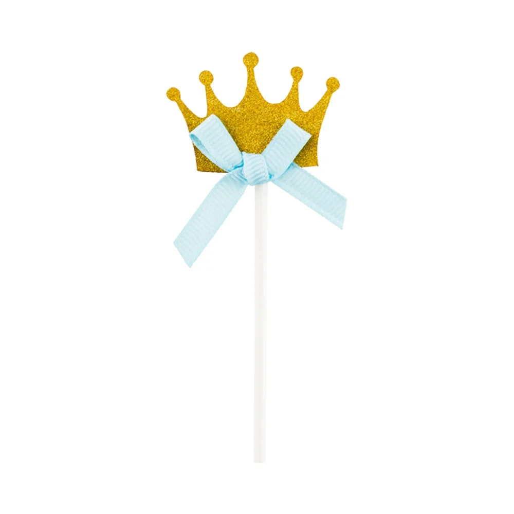 Cake Topper, Crown, 3.75 x 1.5 Inch, Paper, Gold, Glitter, with Blue Bow,1 - 100 COUNT