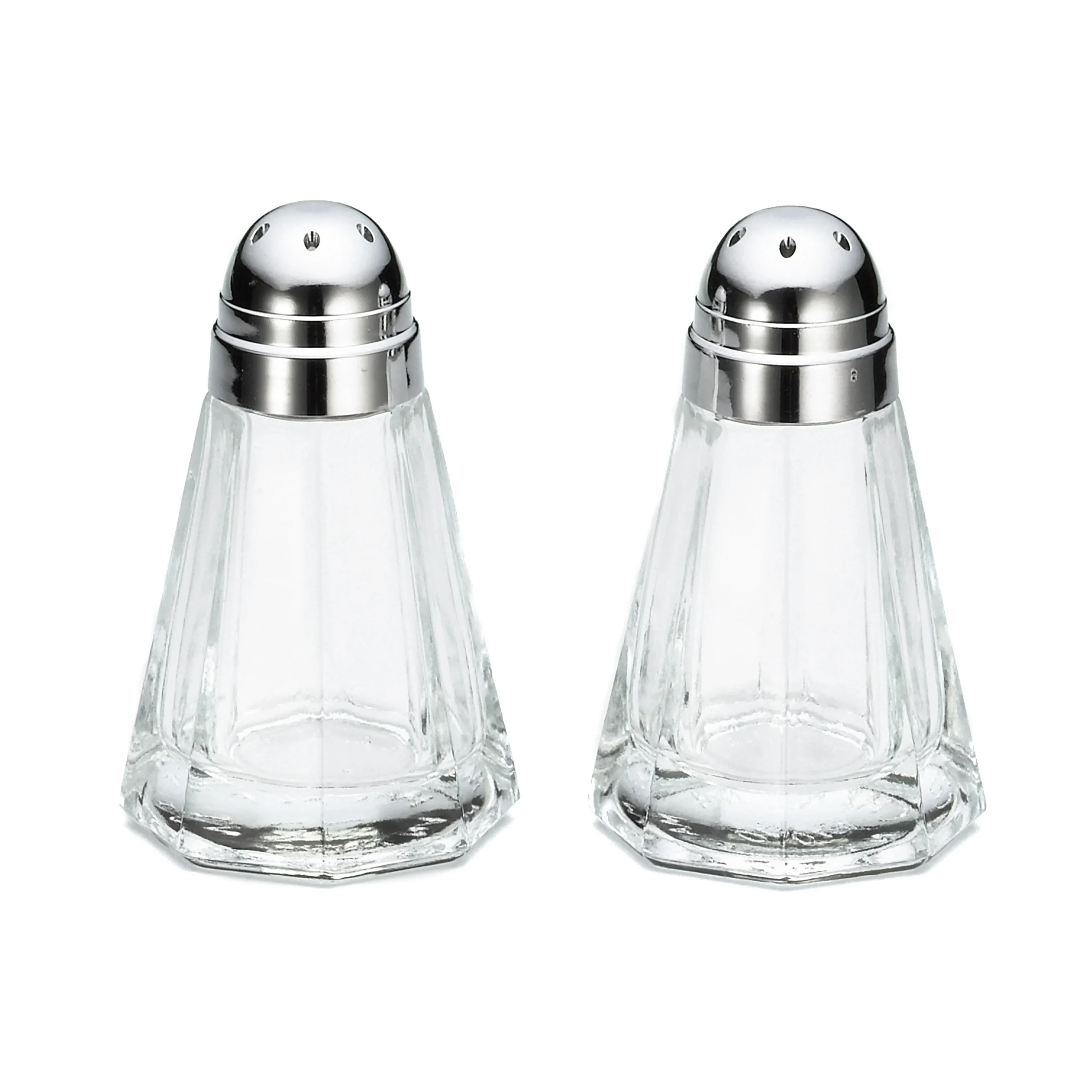 Shakers, Salt & Pepper, 0.5 Ounce, Paneled, Glass with Chrome Plated Plastic Tops, 0.5 Ounce,24 - 1 EACH