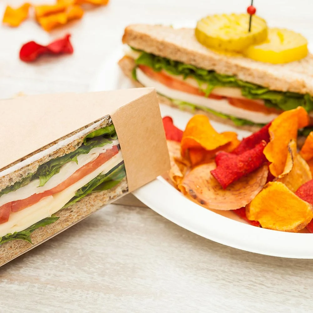 Containers, Sandwich, 4.8 Inch, Paper, Kraft Cafe Vision Design, Triangle, with Window,1 - 200 COUNT