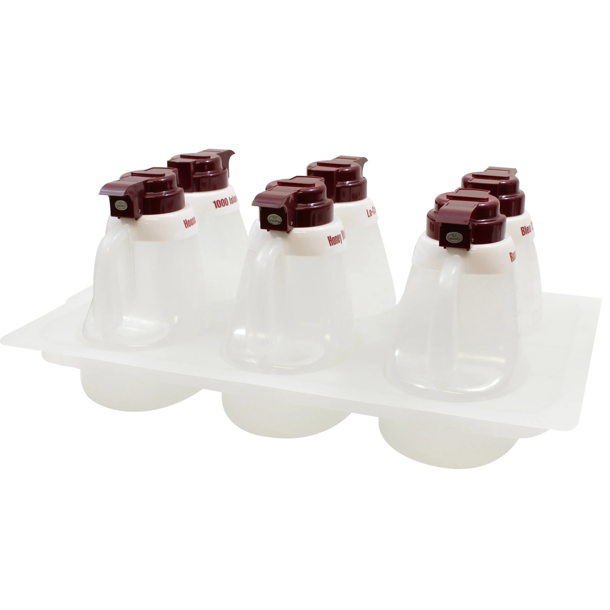 Dispenser Set, Salad Dressing, Clear with Maroon Collars, Polyethylene, with ID Tags, with Clear Tray Insert,1 - 6 PIECE