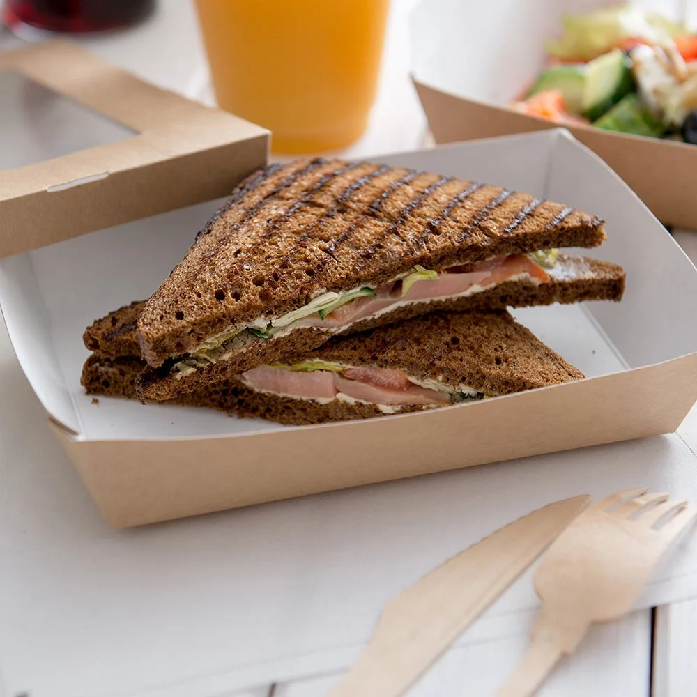 Containers, Take-Out, 34 Ounce, Paper, Kraft Cafe Vision Design, Rectangle, with Window, 34 Ounce,1 - 200 COUNT
