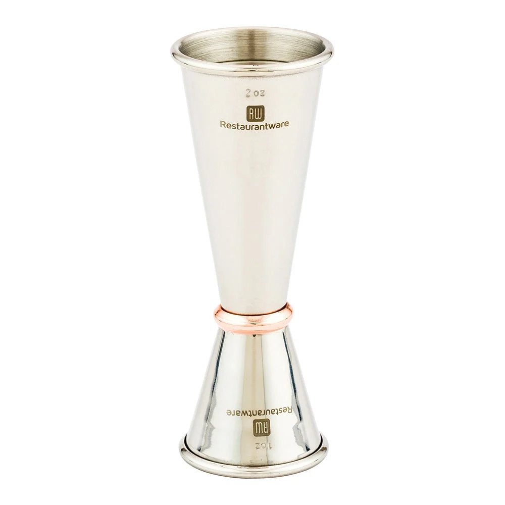 Jigger, Double, 1 & 2 Ounce, Stainless Steel Mirror, with Copper Plated Ring, 2 Ounce,1 - 1 EACH