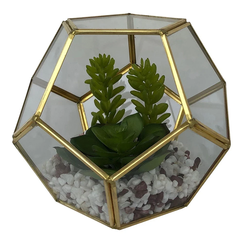 Table Art, Faux Succulent Arrangement, 6.75 x 6.25 x 6.25 Inch, Plastic, in Pentagon Gold & Glass Terrarium,1 - 1 EACH