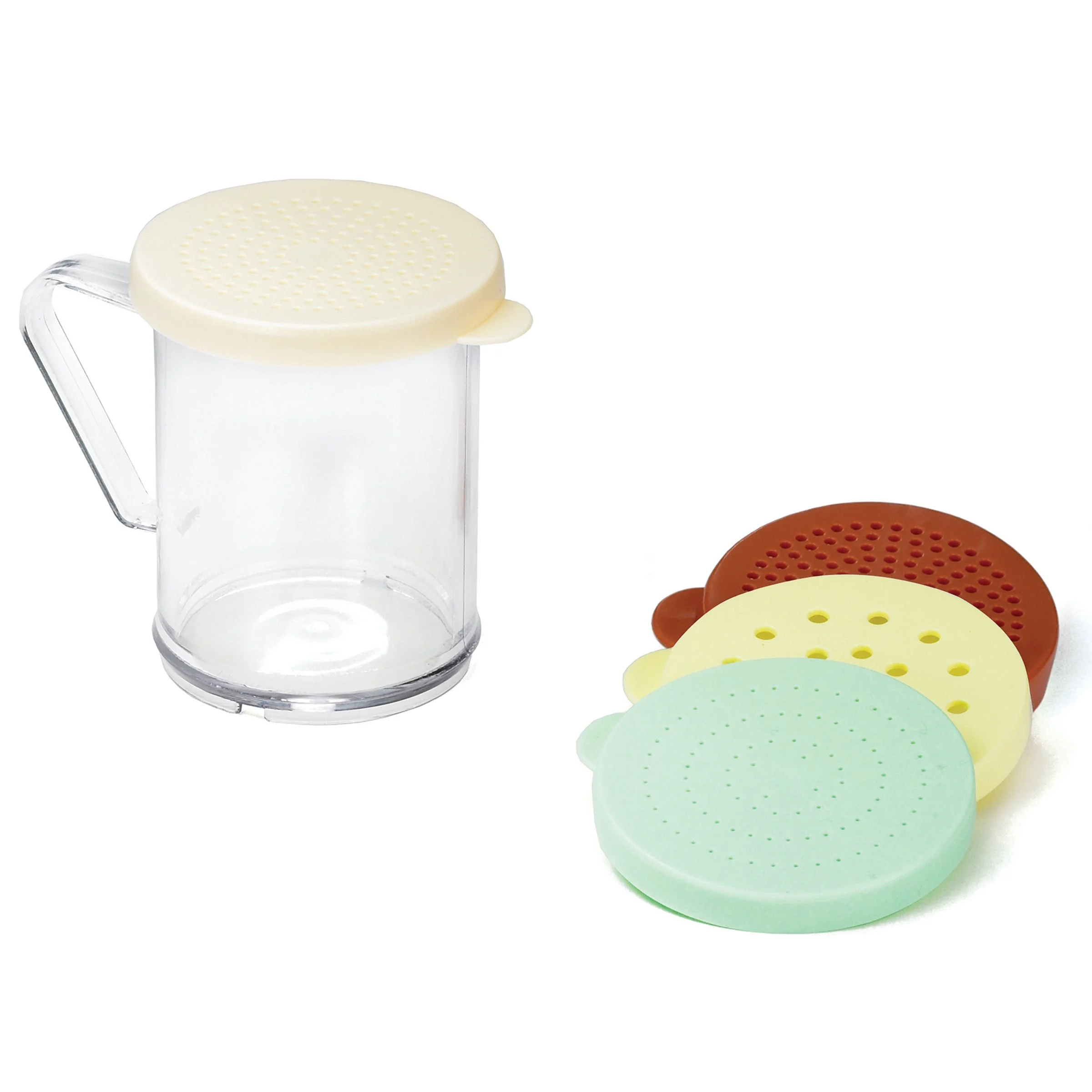 Shaker Sets, Dredge, 10 Ounce, Polycarbonate, with Beige/Rose/Yellow Snap-Tight Lids,12 - 1 EACH