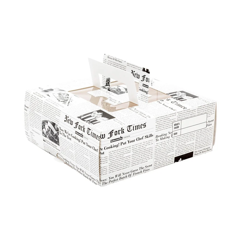 Boxes, Lunch & Cake, 9 x 9 x 3.50 Inch, Paper, Newsprint, with Pop-Up Handles & Window,50 - 1 EACH
