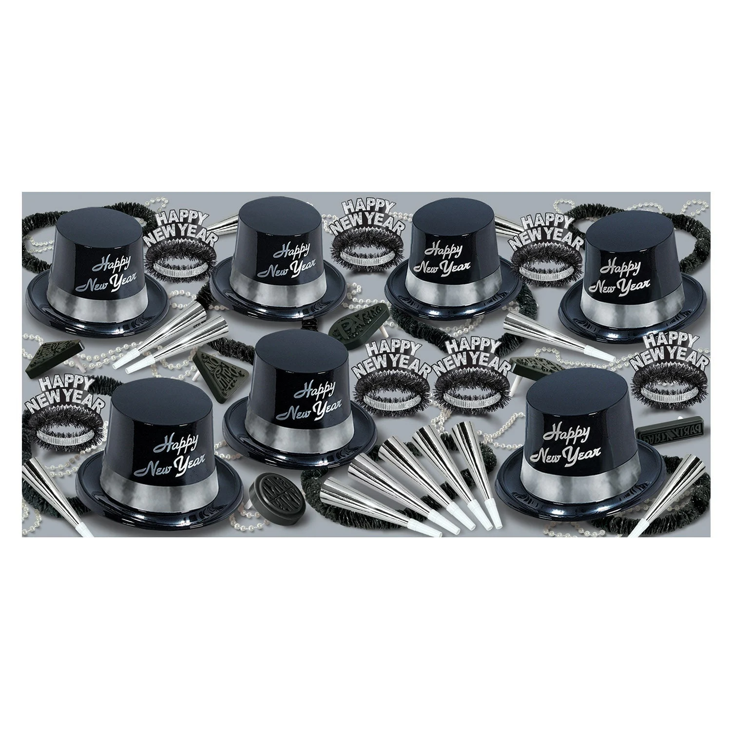 Party Assortment, New Years, Silver & Black, with Plastic Hats/Tiaras/Horns/Beads/Noisemakers, for 50,1 - 1 EACH