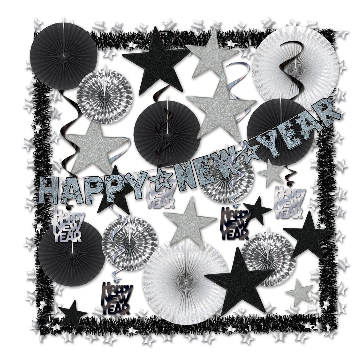 Decorating Kit, Party, New Years, Silver & Black, with Fans/Whirls/Streamers/Stars/Garlands, 32 Pieces,1 - 1 EACH