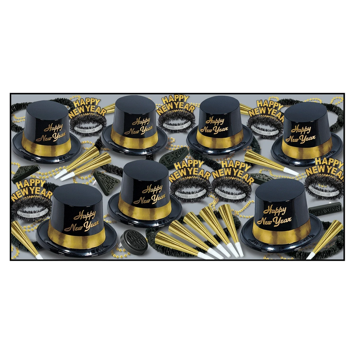 Party Assortment, New Years, Gold & Black, with Plastic Hats/Tiaras/Horns/Beads/Noisemakers, for 50,1 - 1 EACH