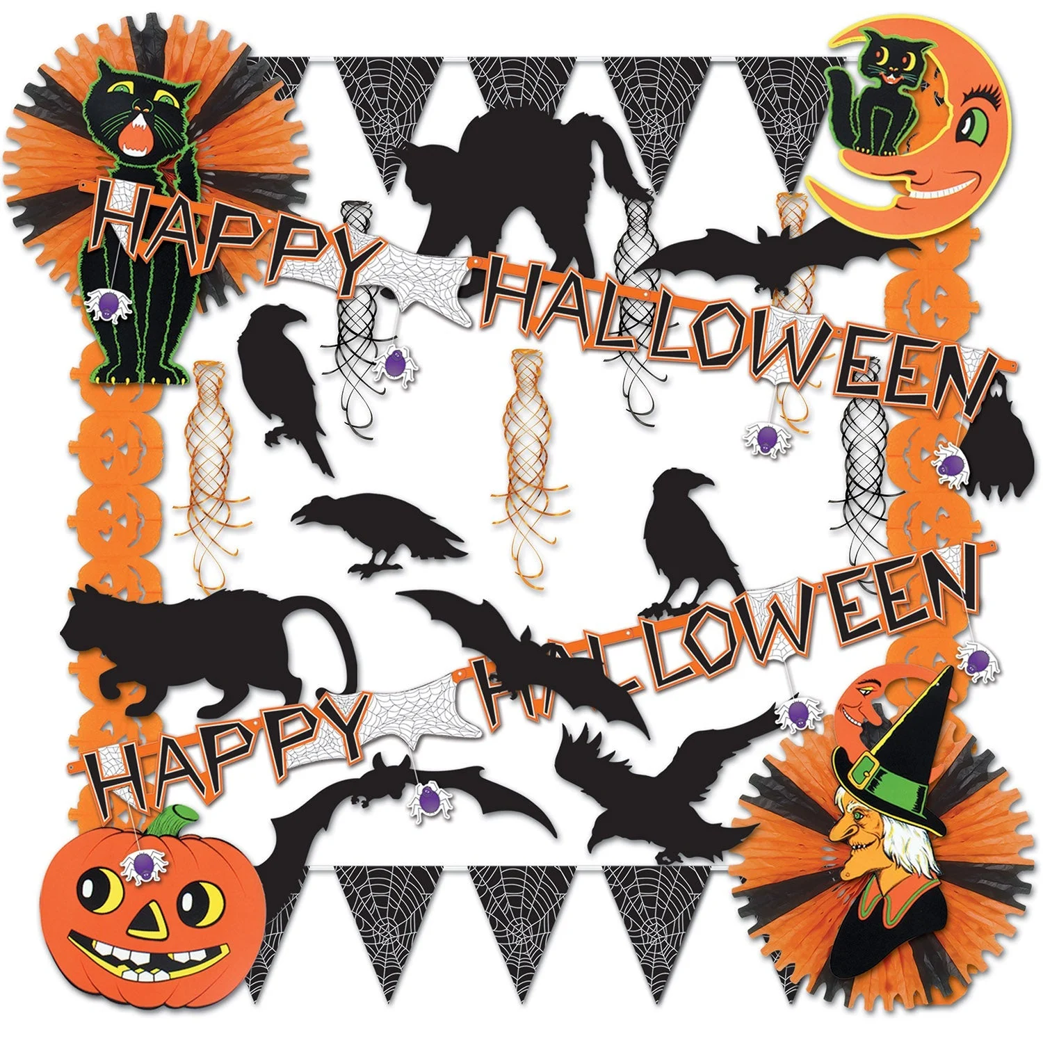 Decorating Kit, Party, Halloween, with Cardboard Cutouts/Garlands/Banners/Fans/Swirls, 28 Pieces,1 - 1 EACH