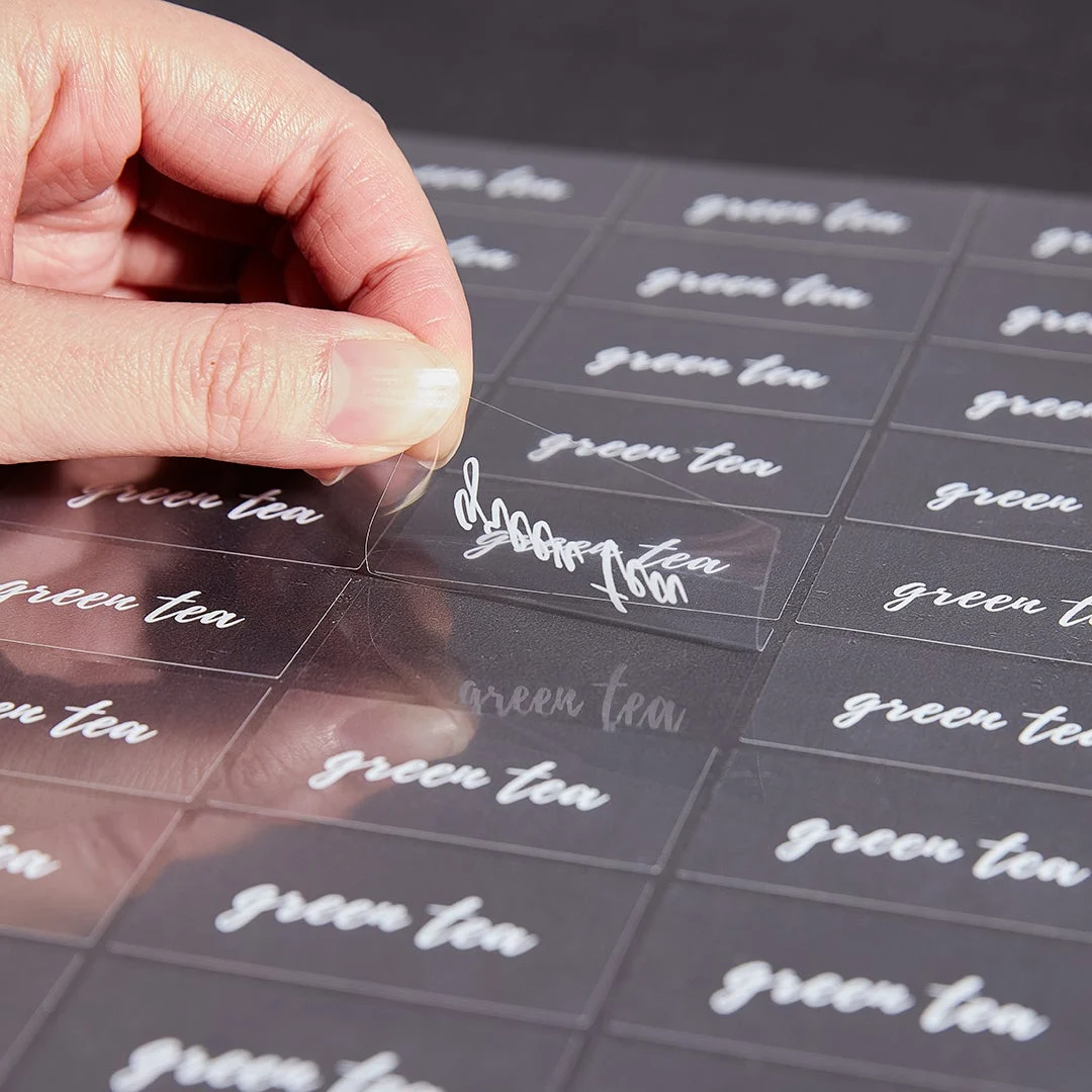 Labels, Green Tea, 2 x 1 Inch, Water Resistant, Clear with White Font,1 - 100 COUNT