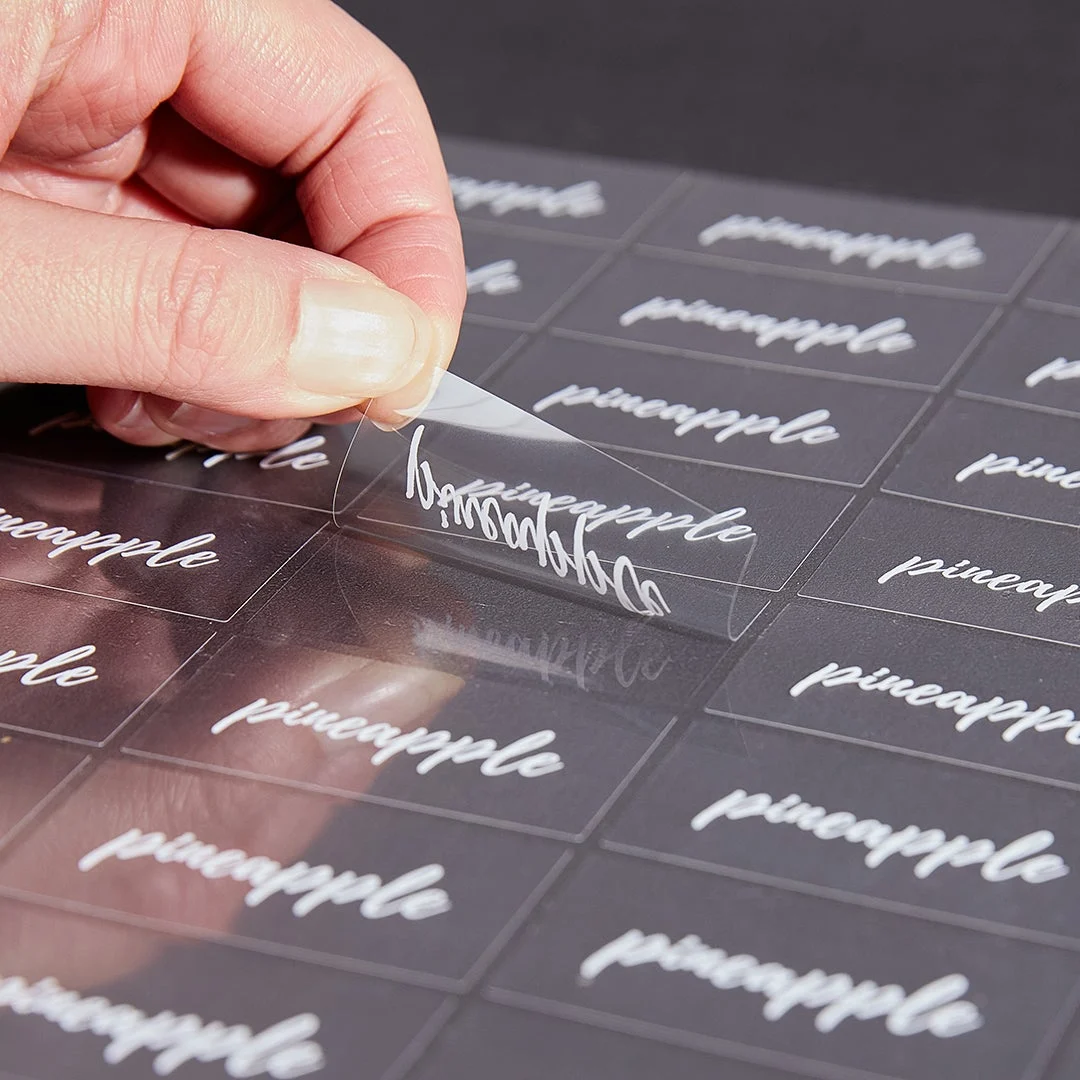 Labels, Pineapple, 2 x 1 Inch, Water Resistant, Clear with White Font,1 - 100 COUNT