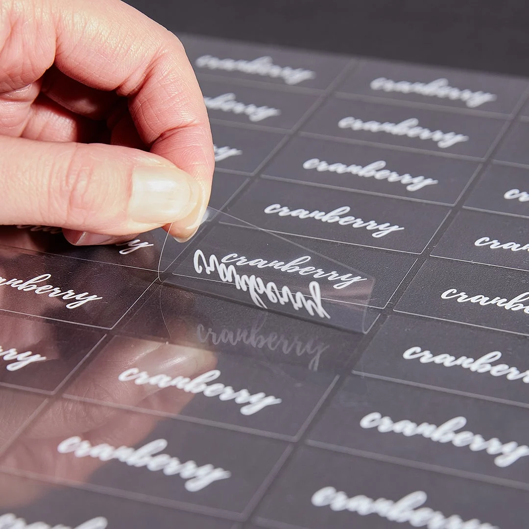 Labels, Cranberry, 2 x 1 Inch, Water Resistant, Clear with White Font,1 - 100 COUNT