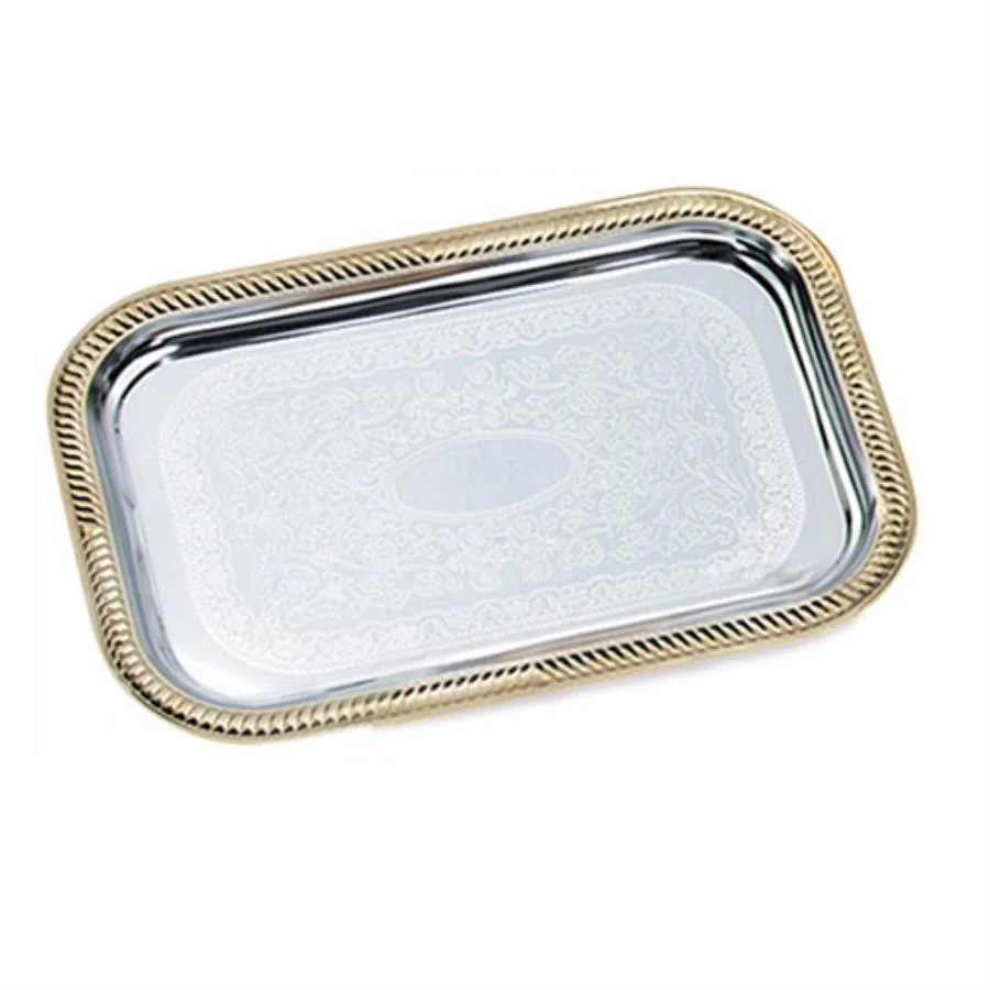Trays, Serving, 19.5 x 14 Inch, Chrome with Gold Trim, Rectangular,1 - 1 EACH