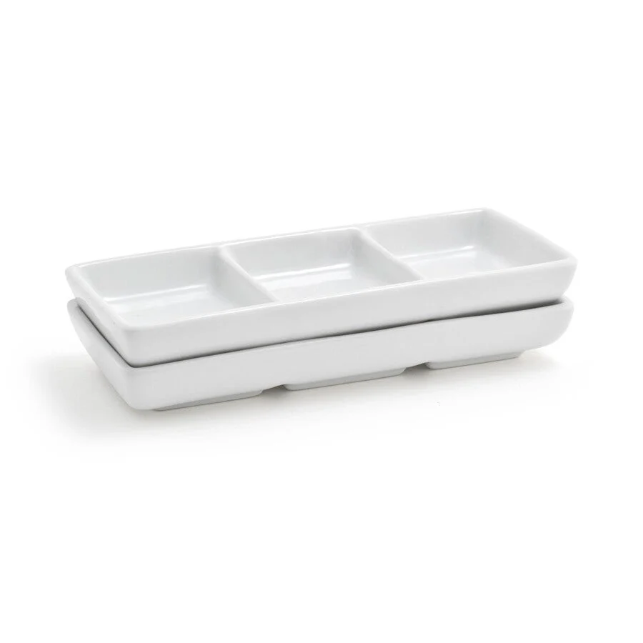 Dishes, 3 Compartment, 3 Ounce, White, Porcelain, 2.5 x 6 Inch, Rectangular, Stackable,12 - 1 EACH