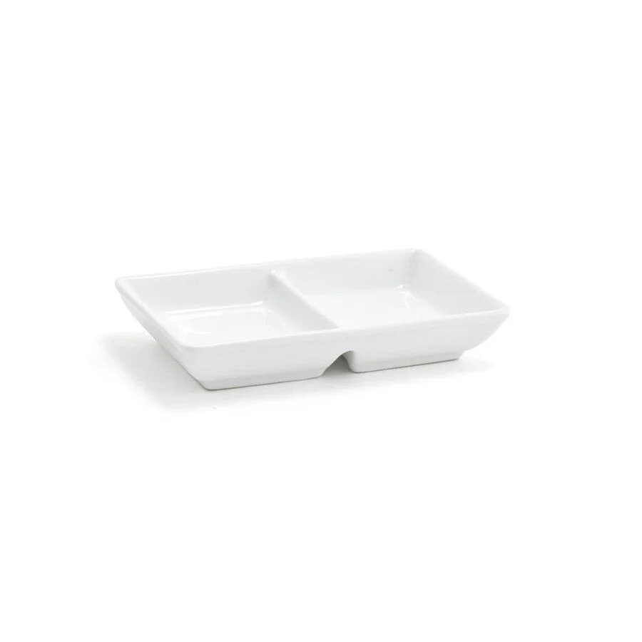 Dishes, 2 Compartment, 2 Ounce, White, Porcelain, 2.75 x 4.75 Inch, Rectangular, Stackable,12 - 1 EACH