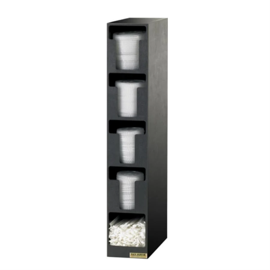 Dispenser, Lid & Straw, 13 x 5.5 x 30 Inch, Vertical Cabinet, Black, Plastic, with 4 Lid & 1 Straw Compartments,1 - 1 EACH