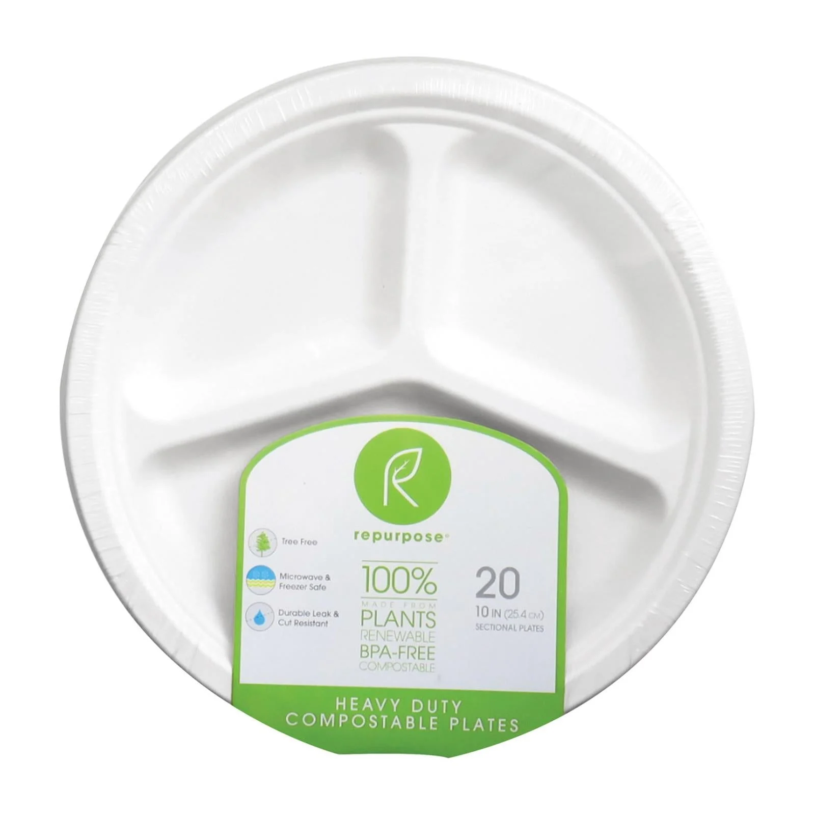 Plates, 3-Compartment, 10 Inch, Bagasse, White, Compostable,12 - 20 COUNT