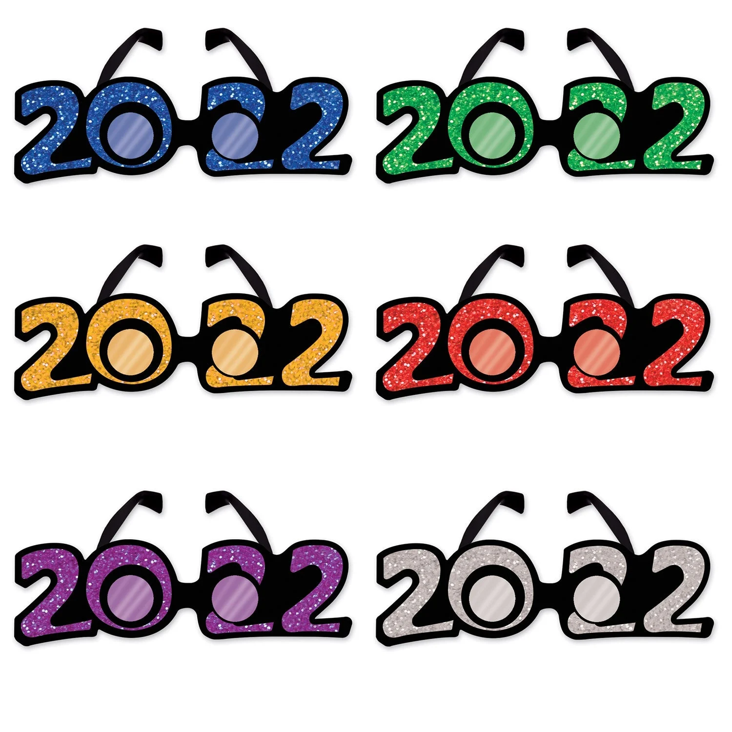 Glasses, 2022, Happy New Year, Glittered Assorted Color, One Size Fits Most, Plastic,1 - 12 COUNT