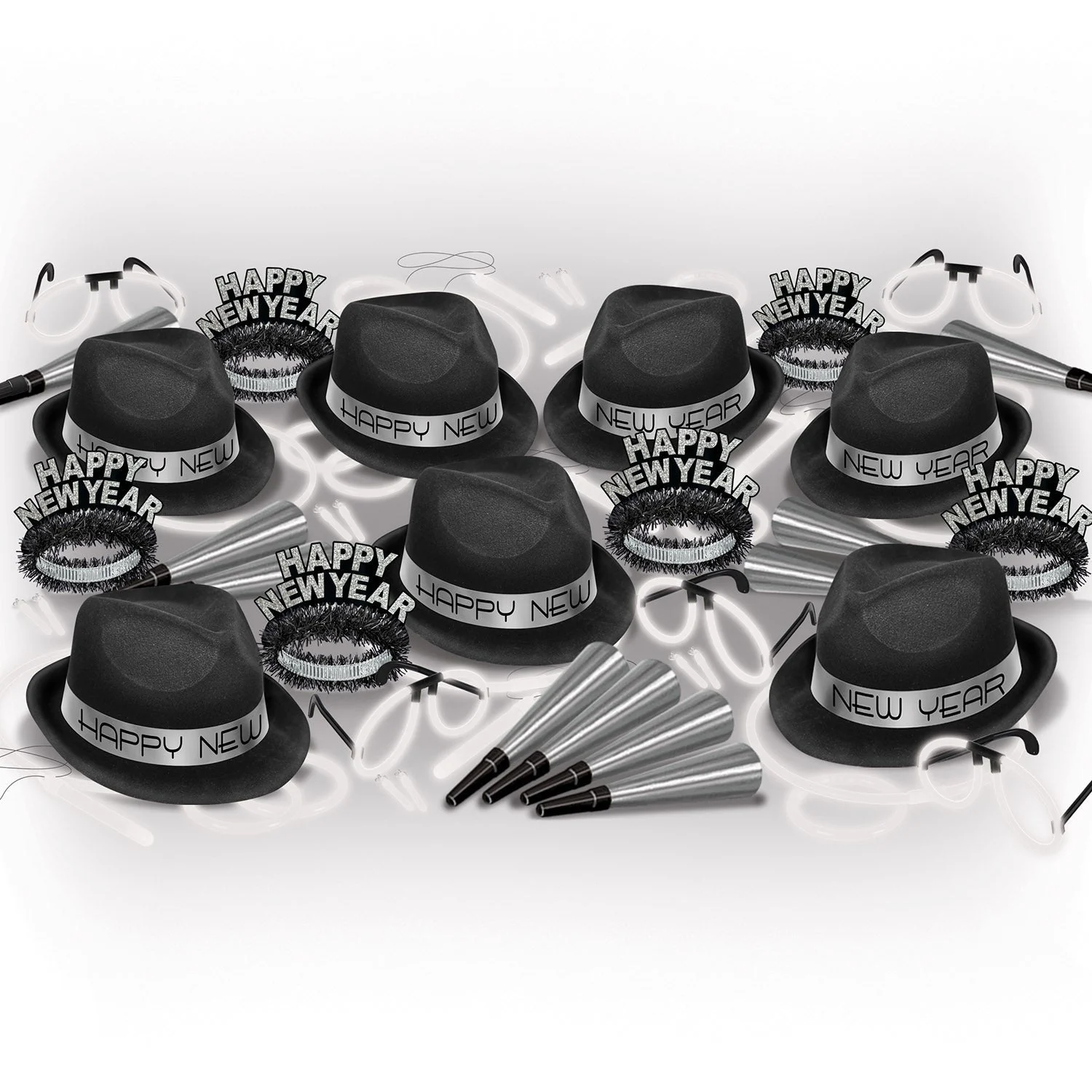 Party Assortment, Black & Silver, Happy New Year, with Hats/Horns/Glow Bands, for 50,1 - 1 EACH