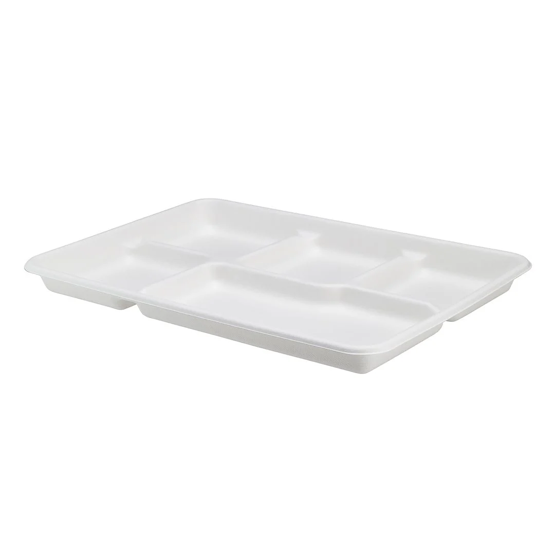 Trays, 5-Compartment School Lunch, 12.5 x 8.5 Inch, Sugarcane, White, Bagasse,100 - 1 COUNT