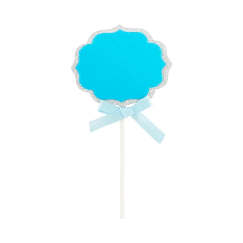 Cake Toppers, DIY Personalized, 4.5 x 2.5 Inch, Paper, Blue, with Silver Glitter Rim & Light Blue Bow,1 - 10 COUNT