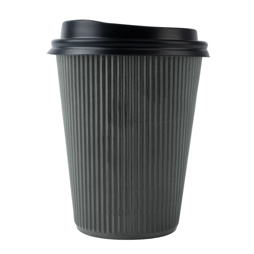 Cups, Hot, 12 Ounce, Paper, Gray, Ripple Wall, with Black Lid,1 - 200 COUNT