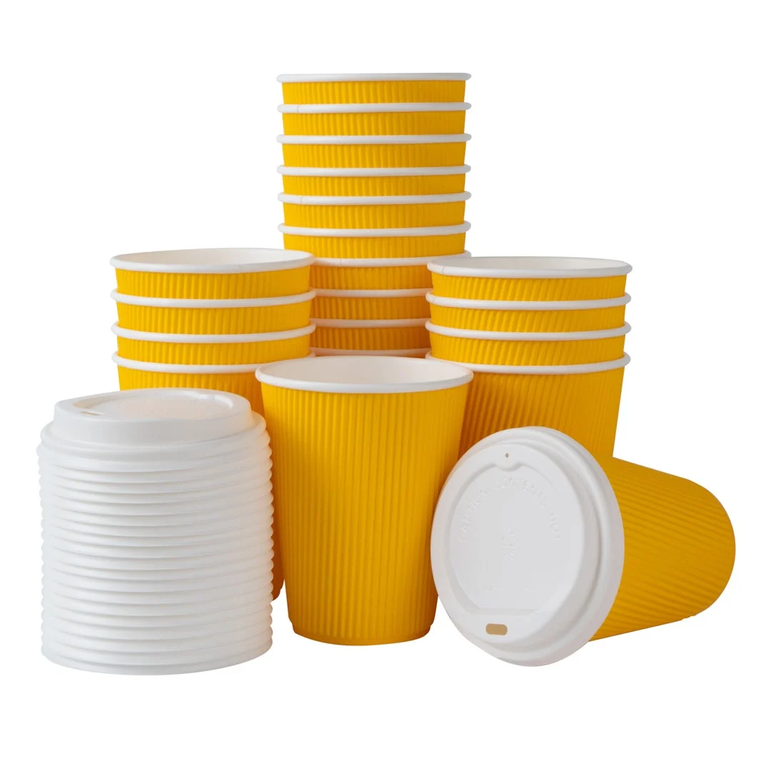 Cups, Hot, 12 Ounce, Paper, Yellow, Ripple Wall, with White Lid,1 - 200 COUNT