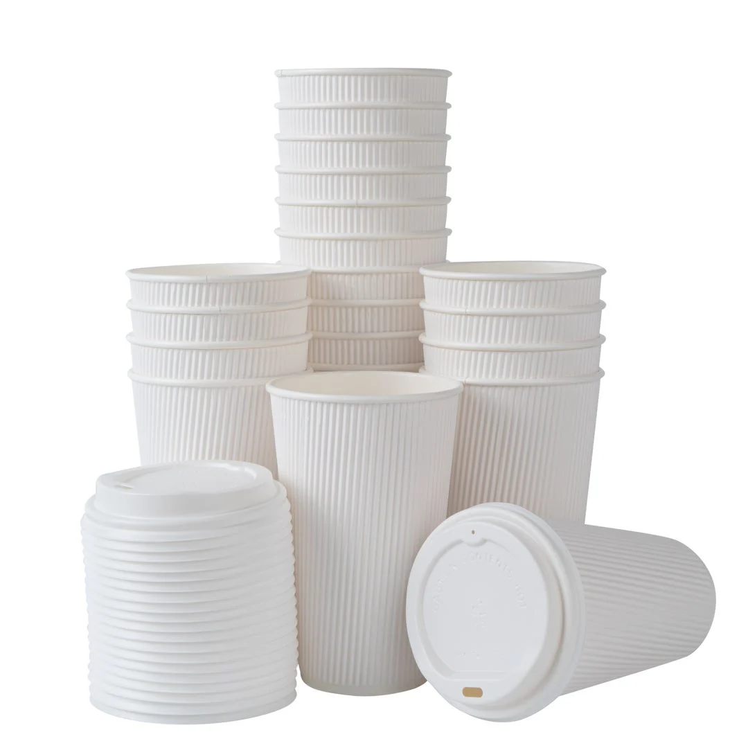 Cups, Hot, 16 Ounce, Paper, White, Ripple Wall, with White Lid,1 - 200 COUNT