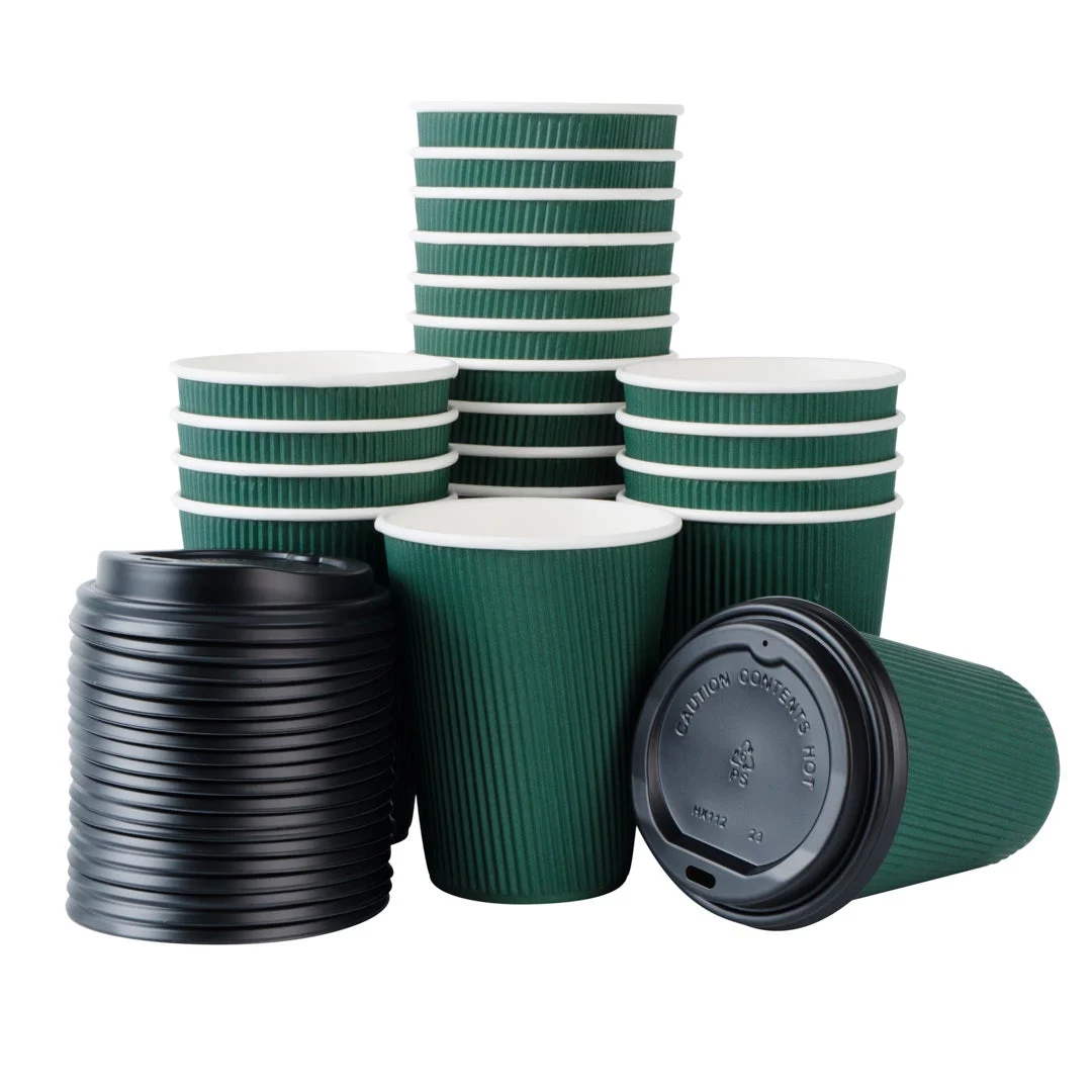 Cups, Hot, 12 Ounce, Paper, Dark Green, Ripple Wall, with Black Lid,1 - 200 COUNT