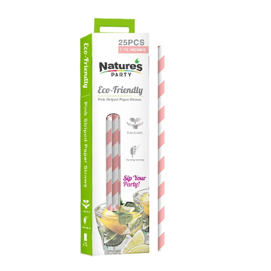 Straws, 7.75 Inch, Paper, Pink Striped,12 - 25 COUNT